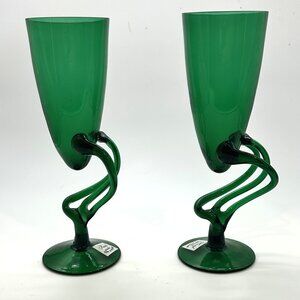 Vintage Jozefina Krosno Green‎ Art Glass Goblets Postmodern Polish 1980s Set